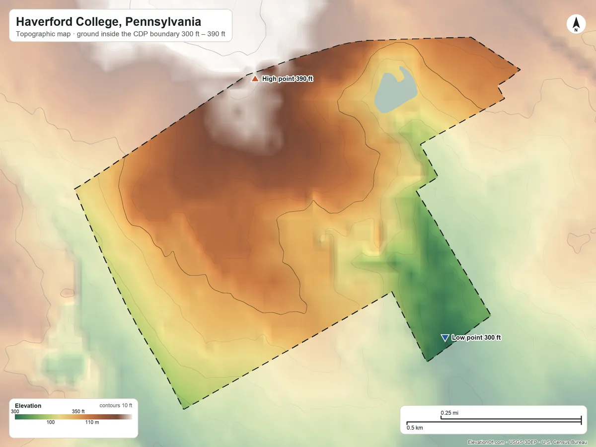 Topographic elevation map of Haverford College, Pennsylvania, shaded from 300 ft on the southeast side to 390 ft on the north side