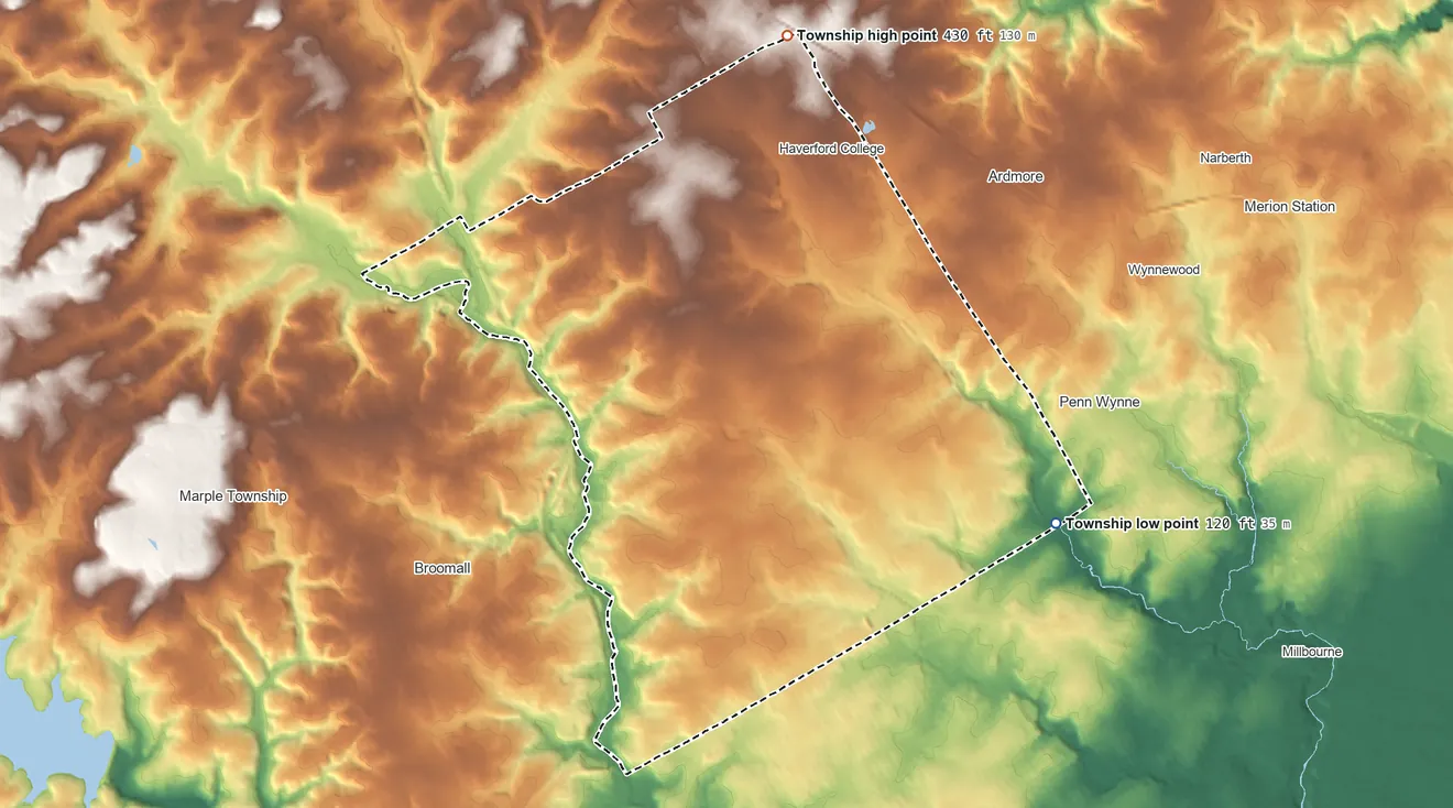 Topographic elevation map of Haverford Township, Pennsylvania, shaded from 120 ft on the east side to 430 ft on the north side