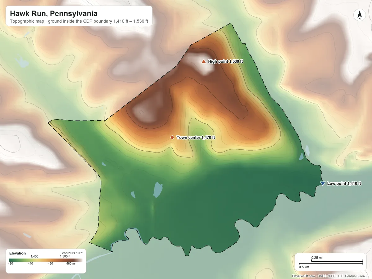 Topographic elevation map of Hawk Run, Pennsylvania, shaded from 1,410 ft on the east side to 1,530 ft on the north side