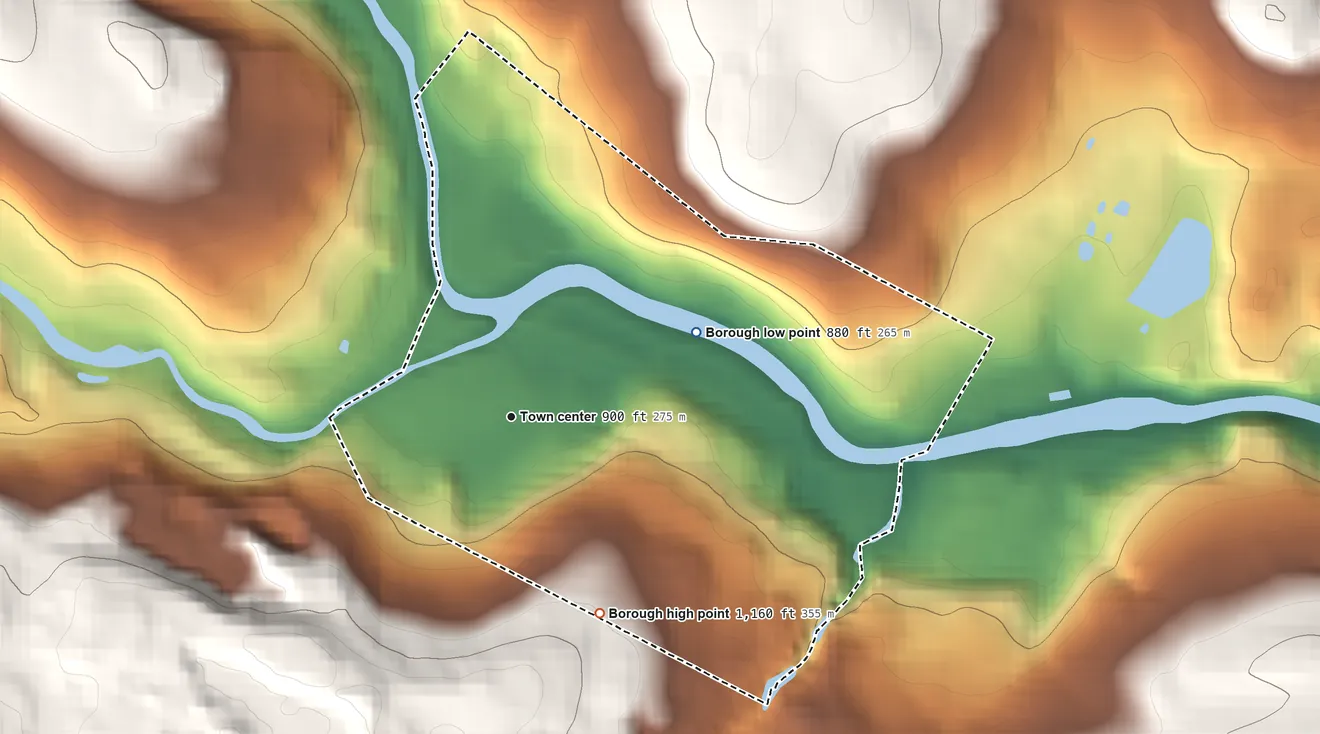 Topographic elevation map of Hawley, Pennsylvania, shaded from 880 ft on the northeast side to 1,160 ft on the southeast side