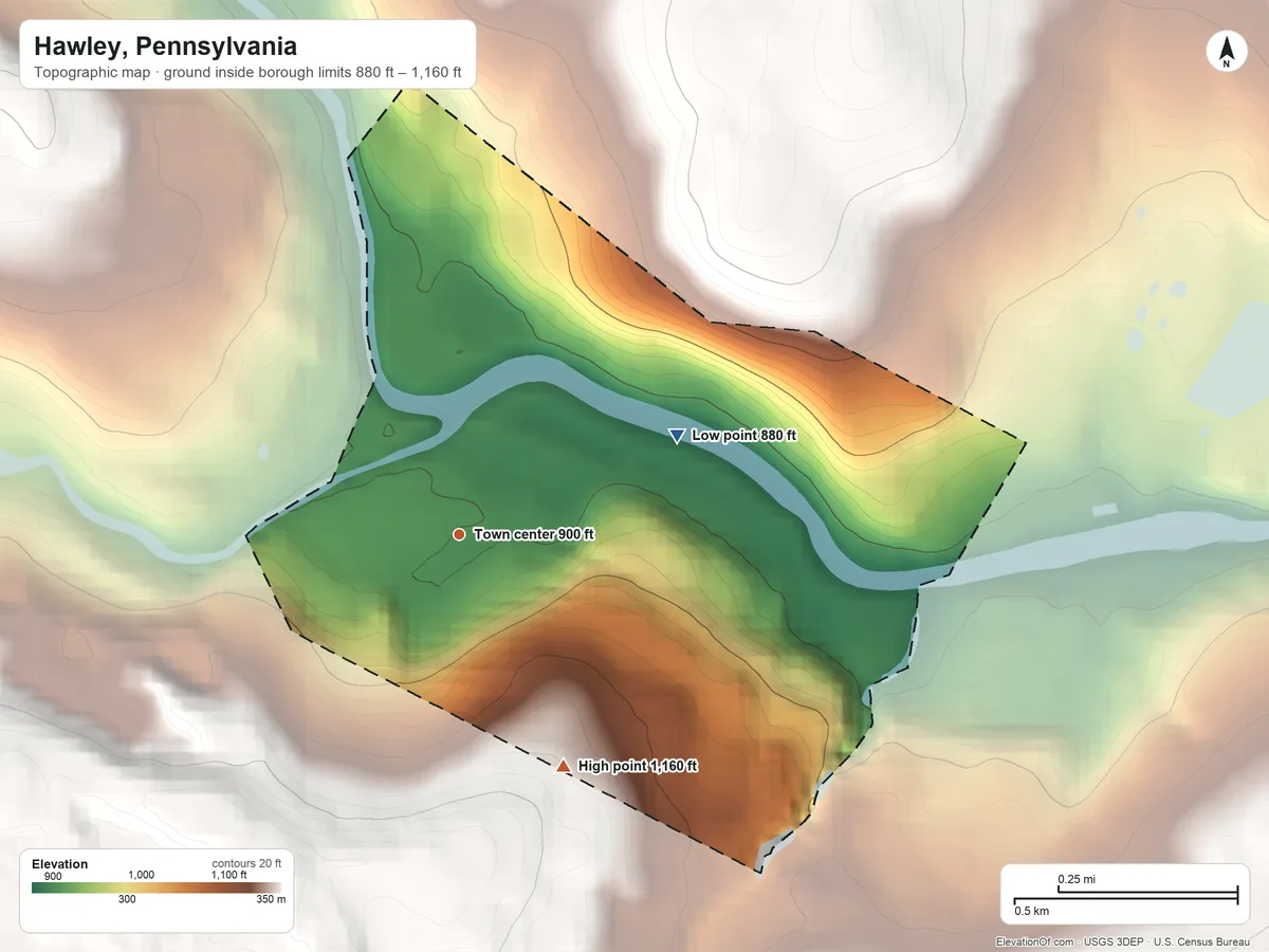 Topographic elevation map of Hawley, Pennsylvania, shaded from 880 ft on the northeast side to 1,160 ft on the southeast side