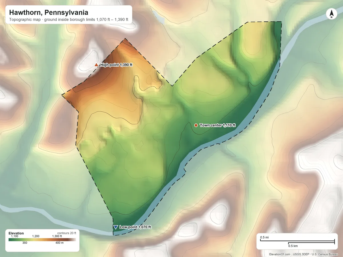 Topographic elevation map of Hawthorn, Pennsylvania, shaded from 1,070 ft on the southwest side to 1,390 ft on the northwest side
