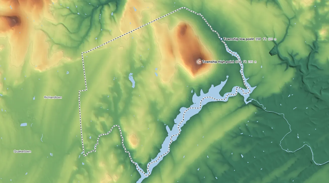 Topographic elevation map of Haycock Township, Pennsylvania, shaded from 390 ft on the northeast side to 970 ft on Haycock Mountain