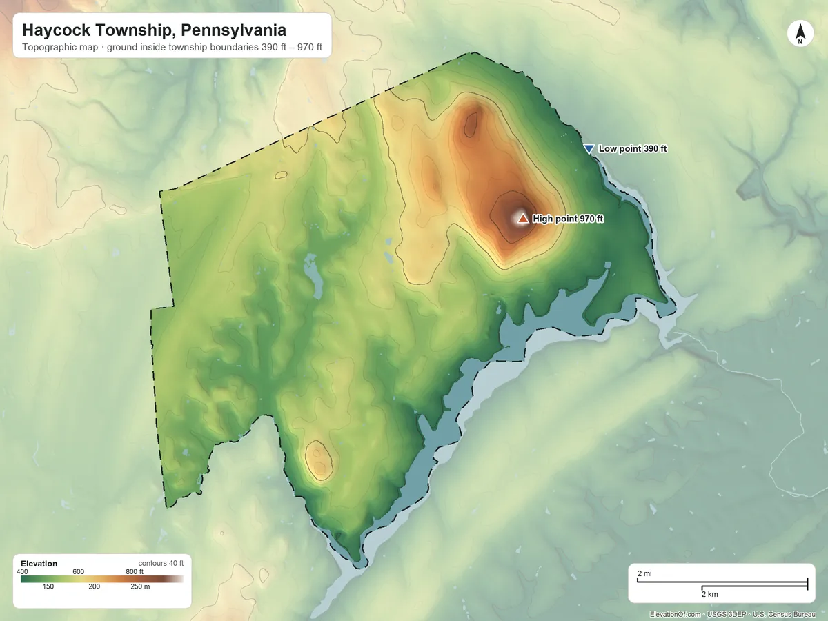 Topographic elevation map of Haycock Township, Pennsylvania, shaded from 390 ft on the northeast side to 970 ft on Haycock Mountain