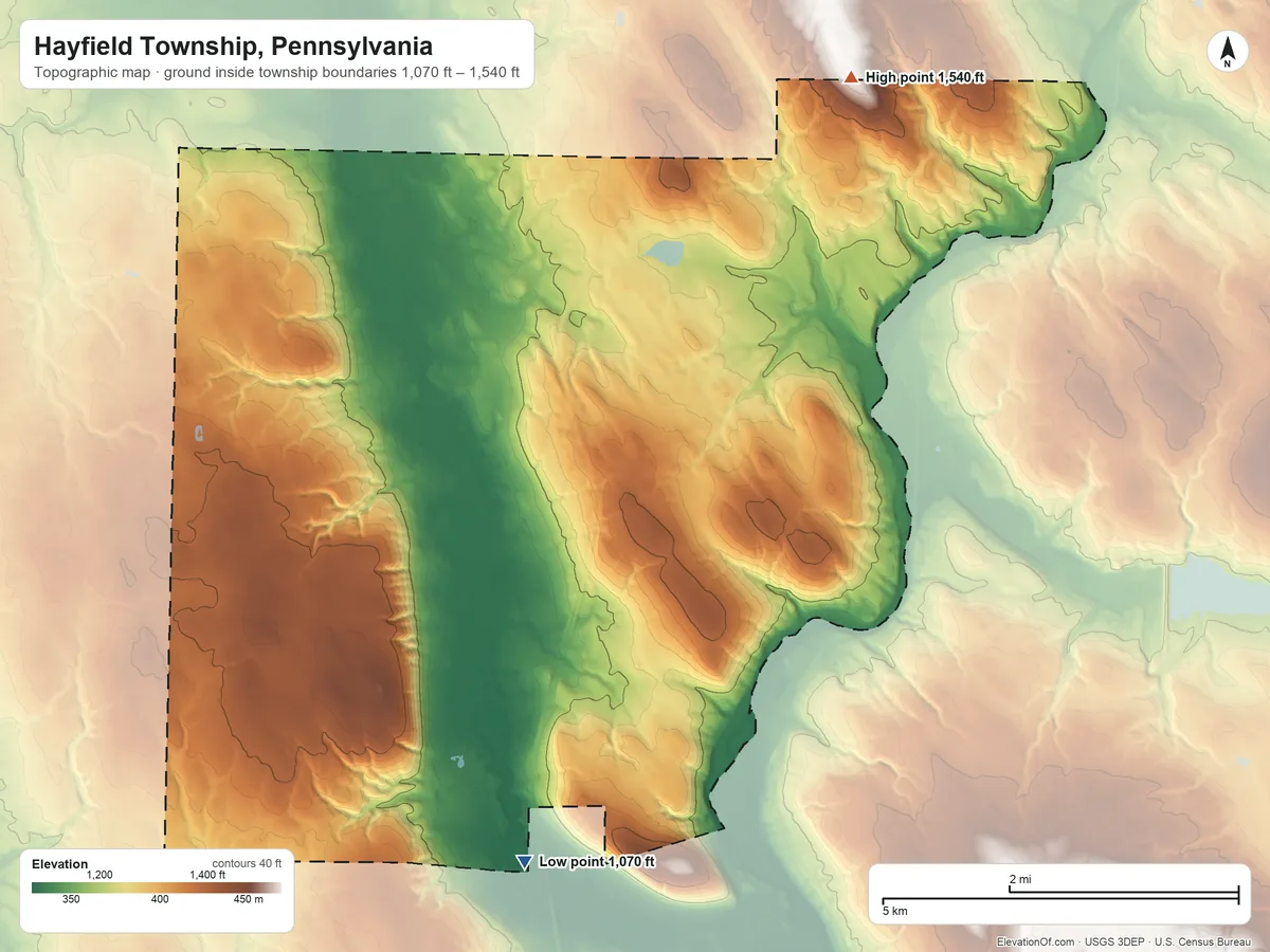 Topographic elevation map of Hayfield Township, Pennsylvania, shaded from 1,070 ft on the south side to 1,540 ft on the northeast side