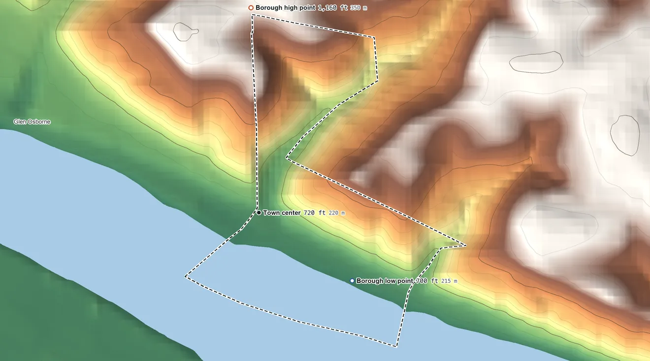 Topographic elevation map of Haysville, Pennsylvania, shaded from 700 ft on the southeast side to 1,160 ft on the north side