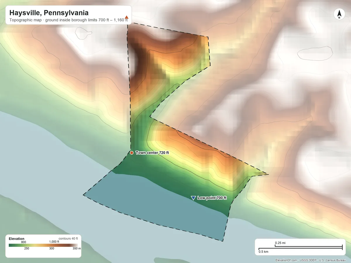 Topographic elevation map of Haysville, Pennsylvania, shaded from 700 ft on the southeast side to 1,160 ft on the north side