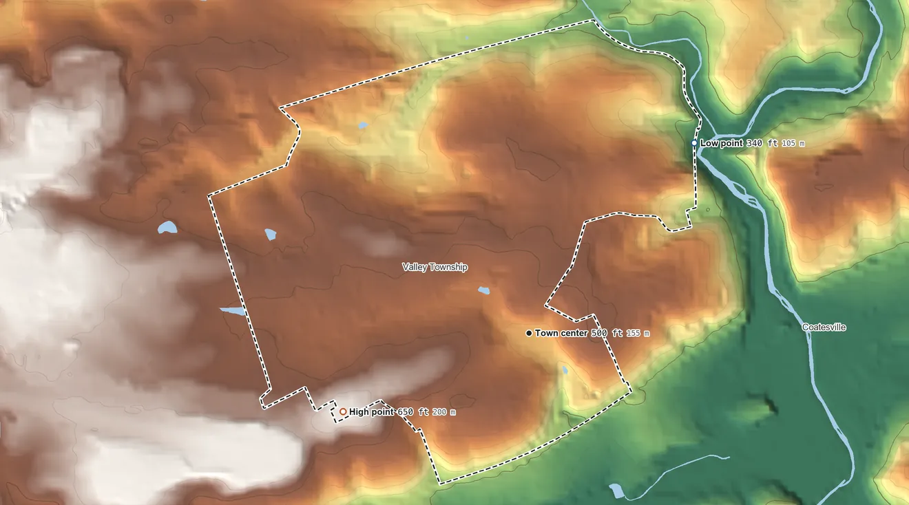 Topographic elevation map of Hayti, Pennsylvania, shaded from 340 ft on the northeast side to 650 ft on the southwest side
