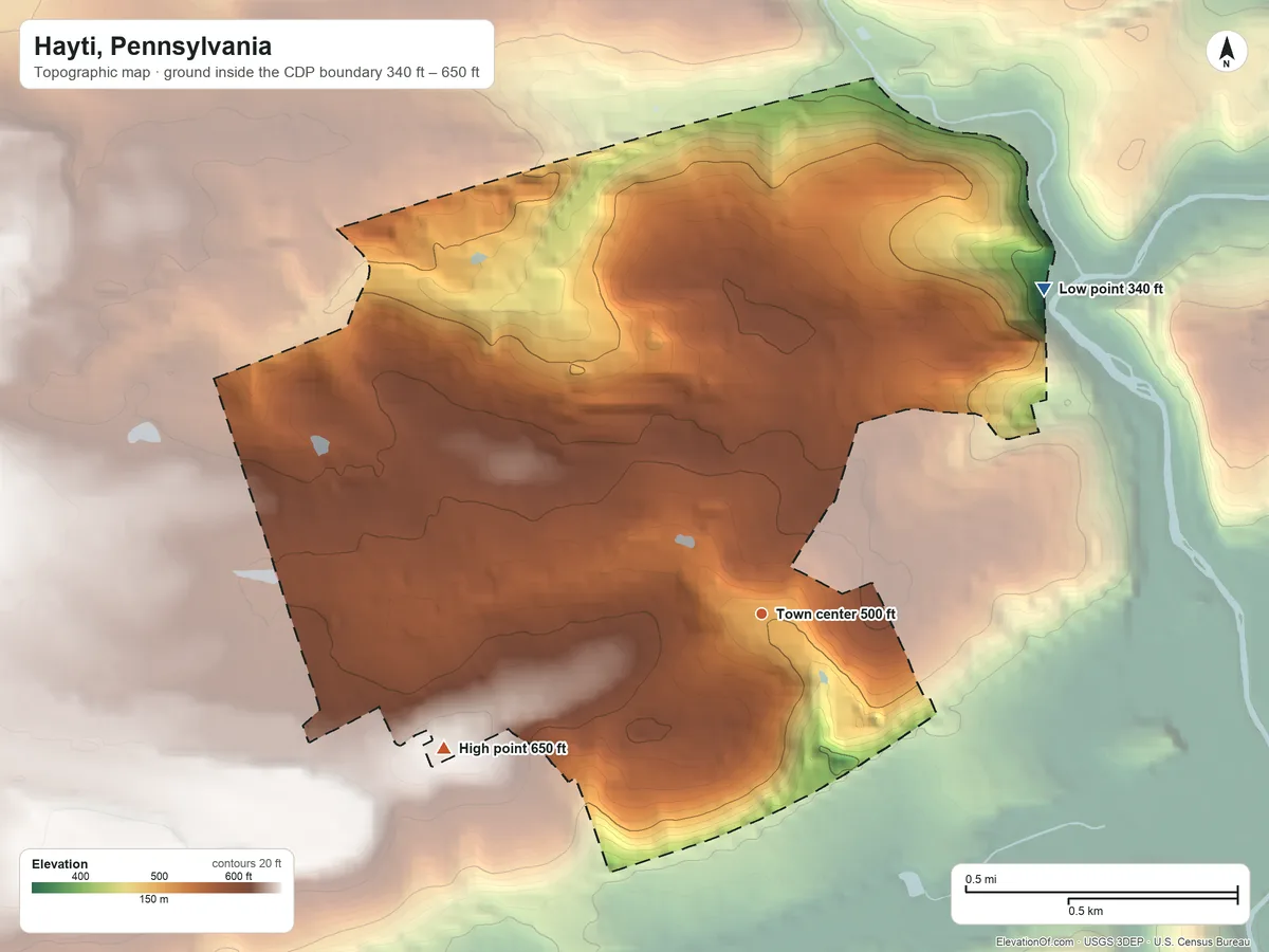 Topographic elevation map of Hayti, Pennsylvania, shaded from 340 ft on the northeast side to 650 ft on the southwest side
