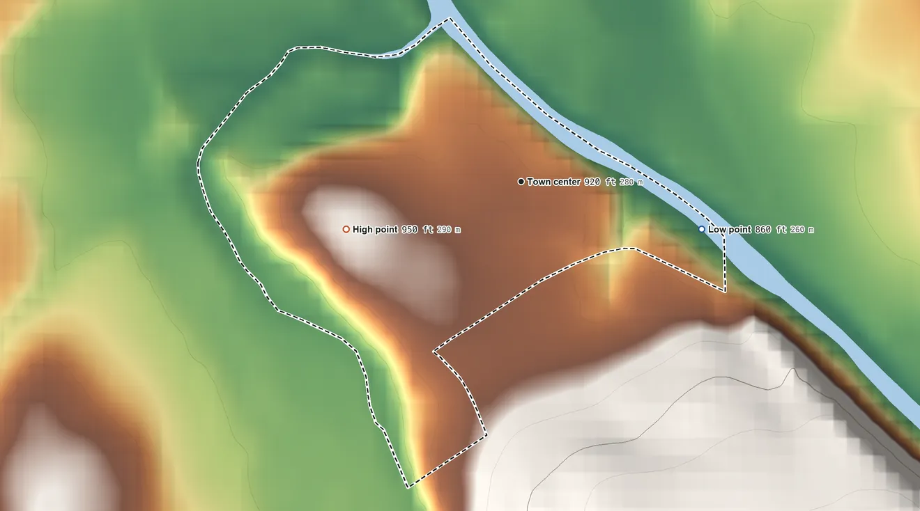 Topographic elevation map of Hazen, Pennsylvania, shaded from 860 ft on the east side to 950 ft on the west edge, below higher ground just outside