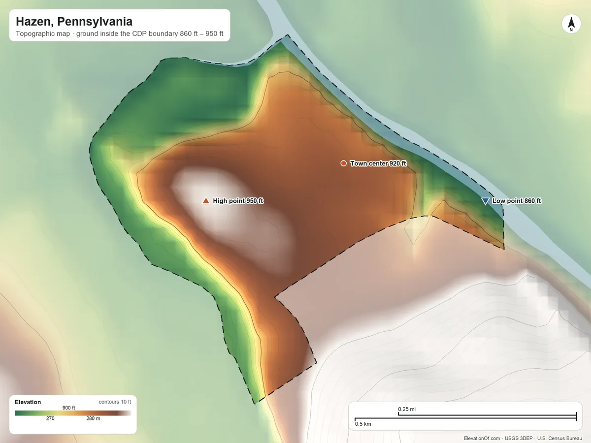 Topographic elevation map of Hazen, Pennsylvania, shaded from 860 ft on the east side to 950 ft on the west edge, below higher ground just outside