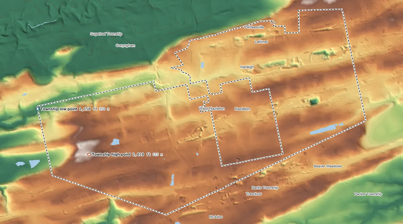 Topographic elevation map of Hazle Township, Pennsylvania, shaded from 1,150 ft on the west side to 2,010 ft on the southwest side