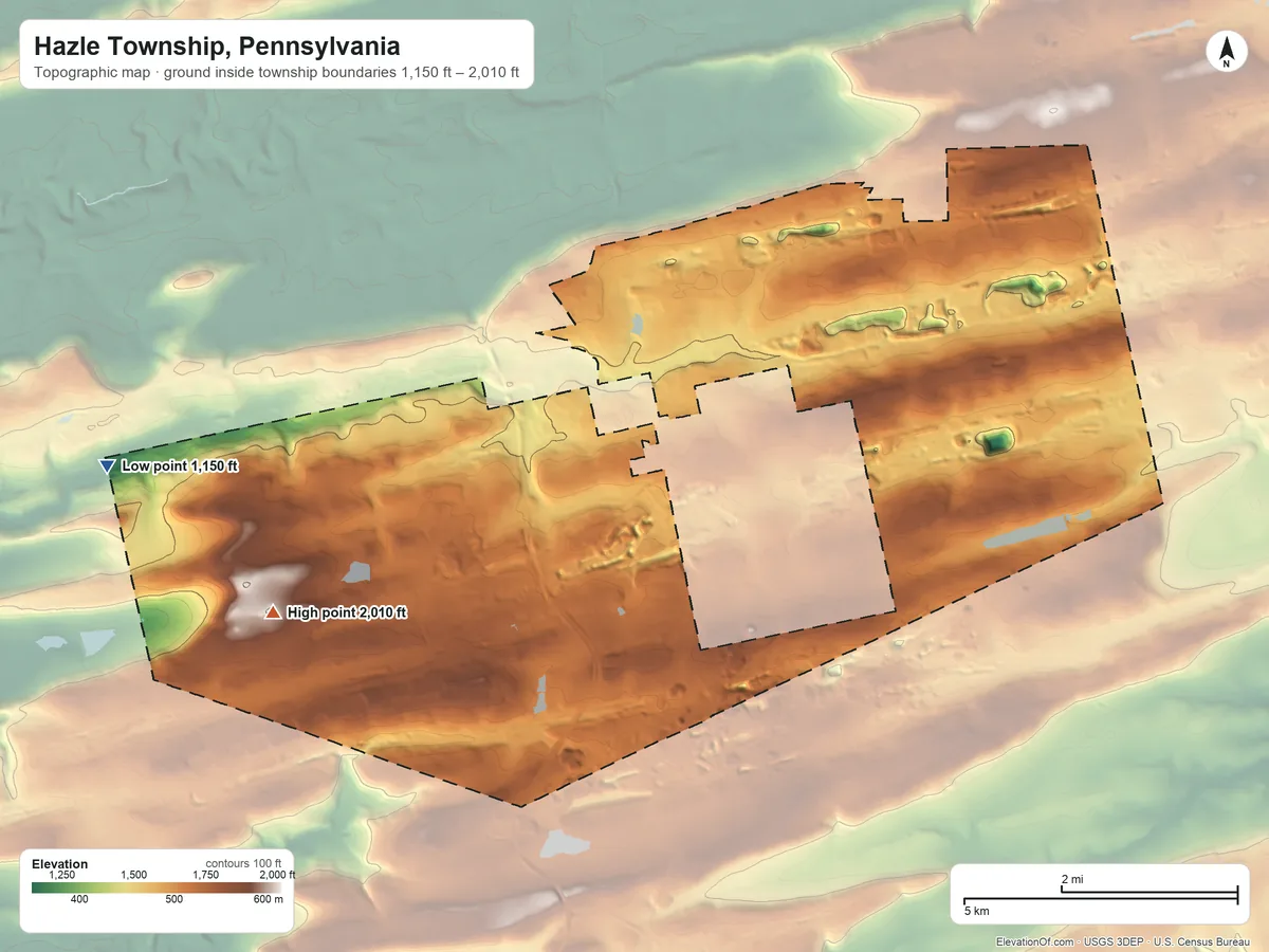 Topographic elevation map of Hazle Township, Pennsylvania, shaded from 1,150 ft on the west side to 2,010 ft on the southwest side