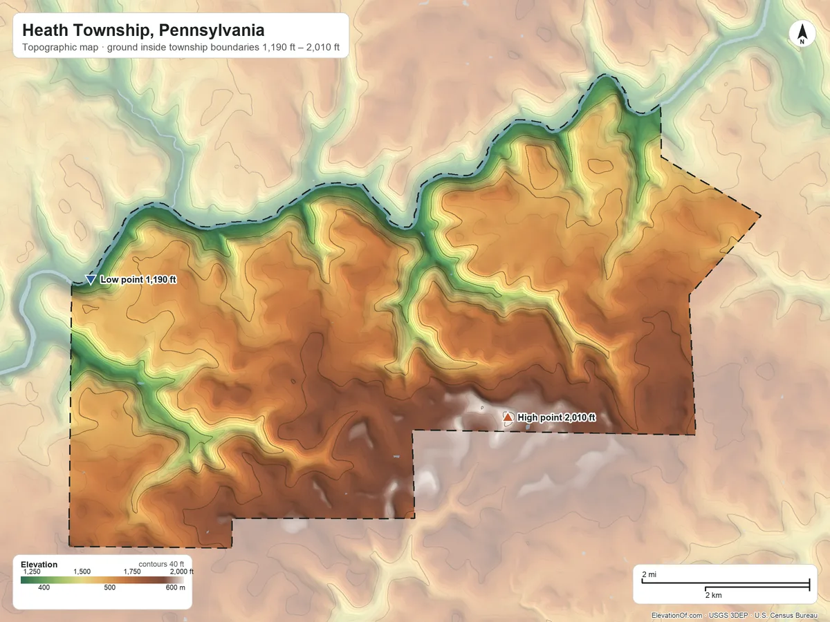 Topographic elevation map of Heath Township, Pennsylvania, shaded from 1,190 ft on the northwest side to 2,010 ft on the east side