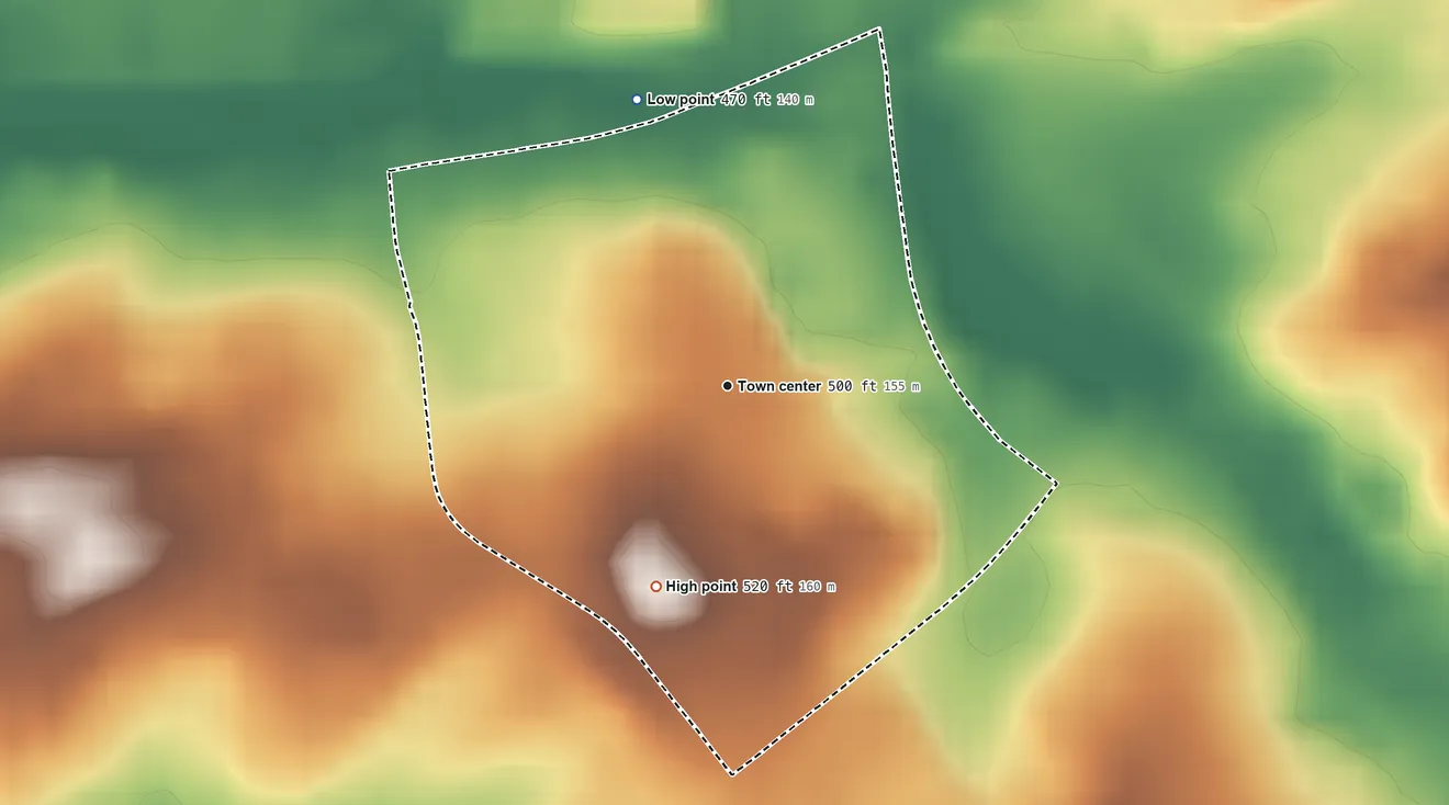 Topographic elevation map of Hebron, Pennsylvania, shaded from 470 ft on the north side to 520 ft on the south side