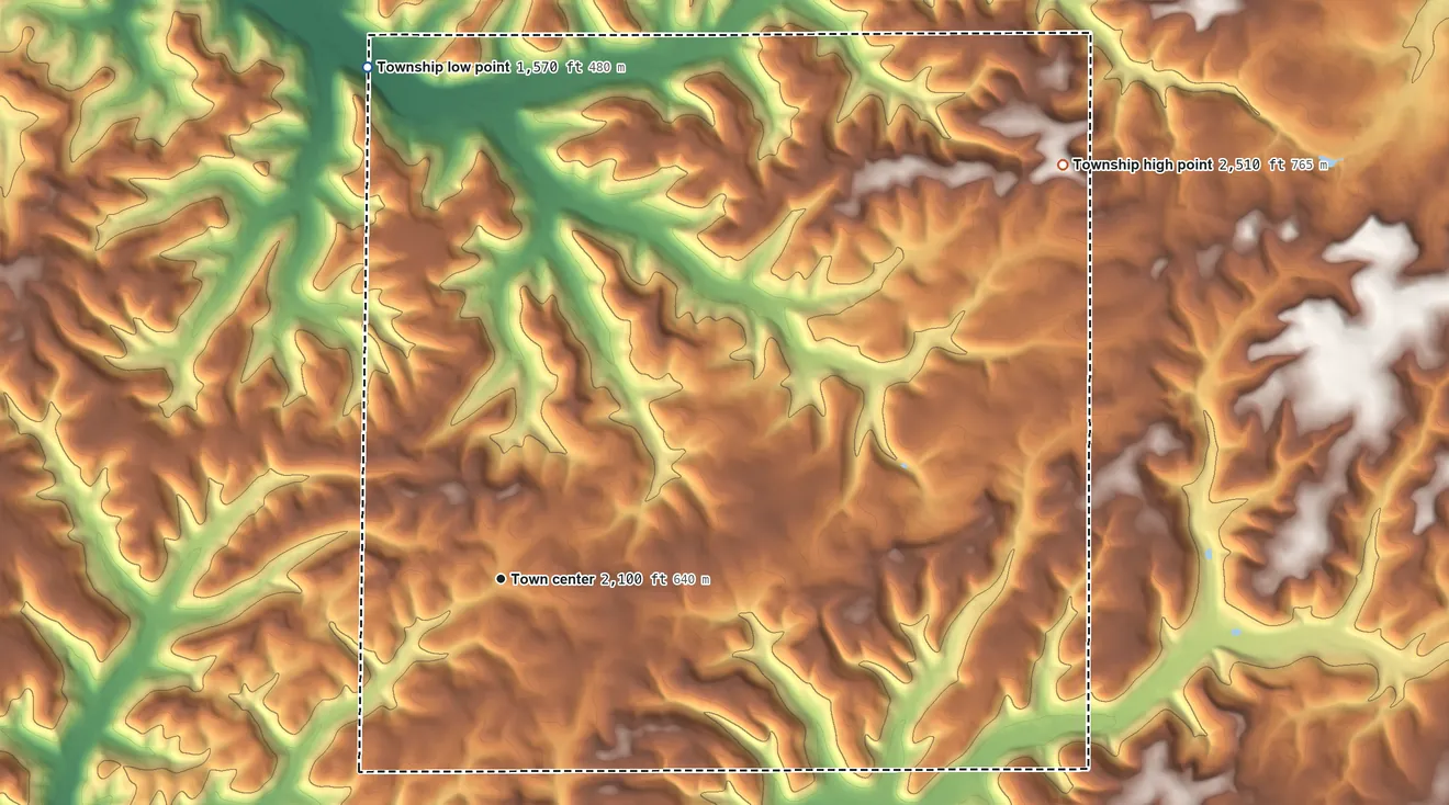 Topographic elevation map of Hebron Township, Pennsylvania, shaded from 1,570 ft on the north side to 2,510 ft on Carmer Hill