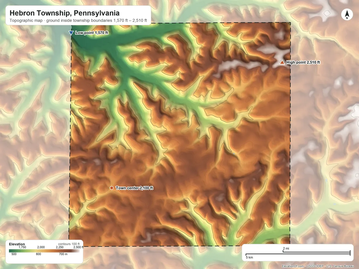 Topographic elevation map of Hebron Township, Pennsylvania, shaded from 1,570 ft on the north side to 2,510 ft on Carmer Hill