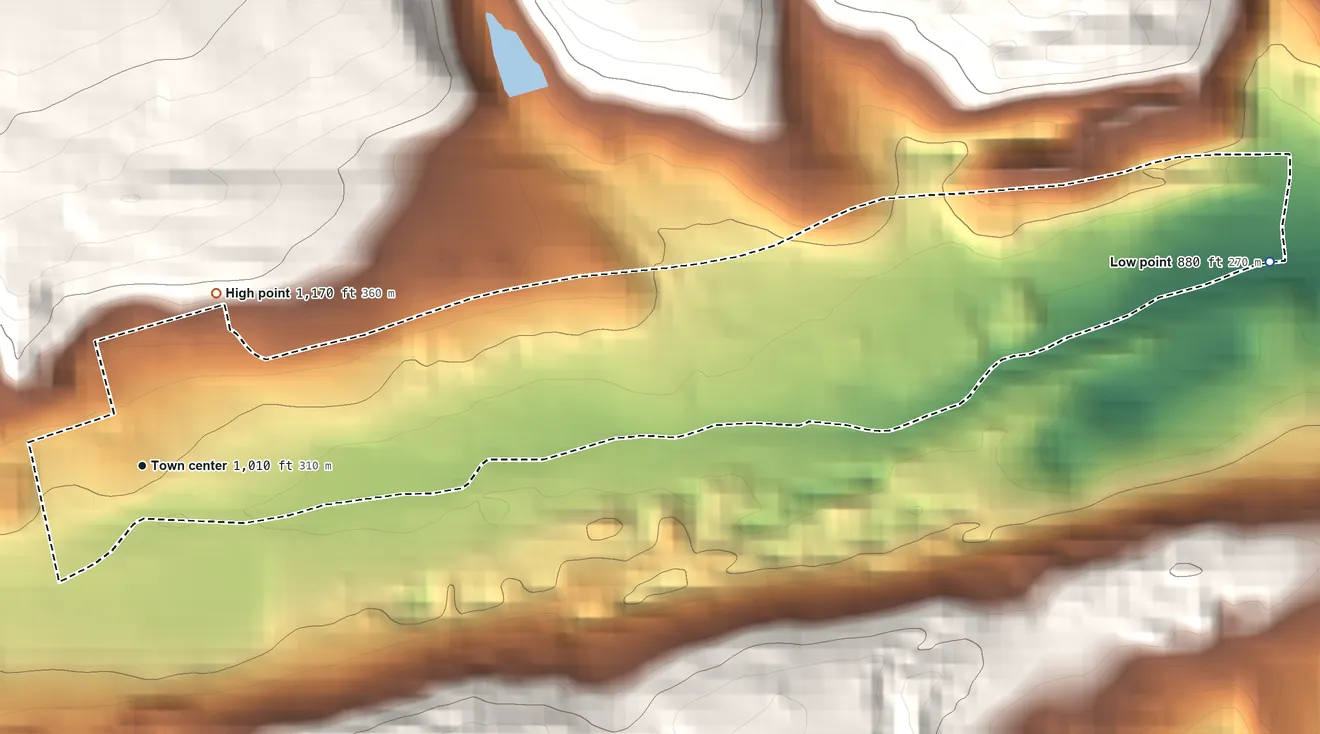 Topographic elevation map of Heckscherville, Pennsylvania, shaded from 880 ft on the east side to 1,170 ft at the foot of the Broad Mountain
