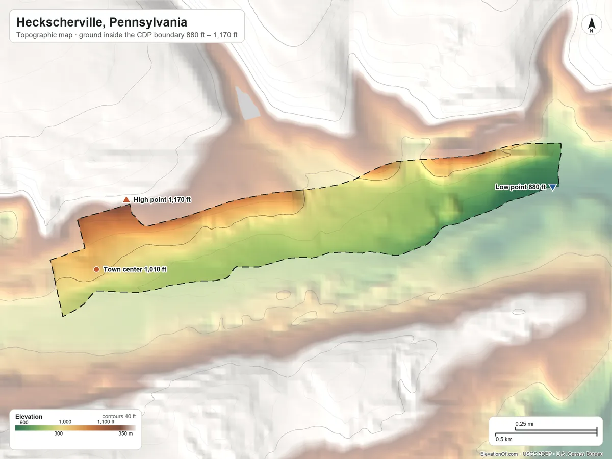 Topographic elevation map of Heckscherville, Pennsylvania, shaded from 880 ft on the east side to 1,170 ft at the foot of the Broad Mountain