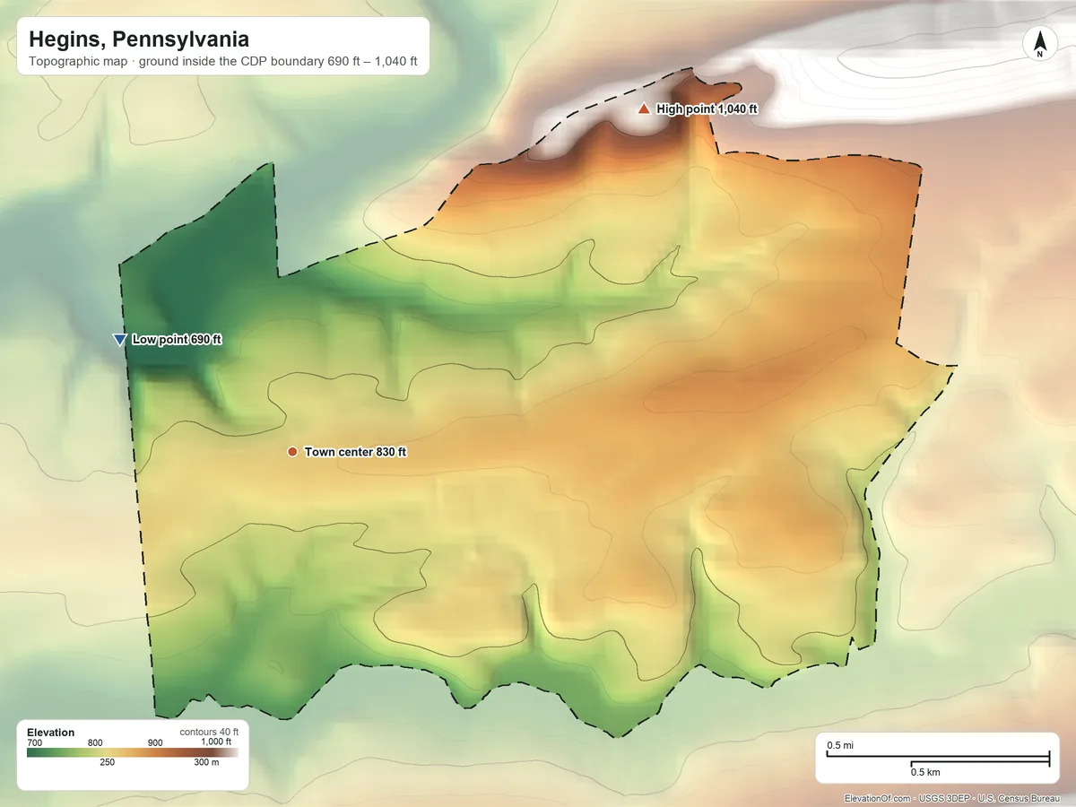 Topographic elevation map of Hegins, Pennsylvania, shaded from 690 ft on the northwest side to 1,040 ft at the foot of the Little Mountain