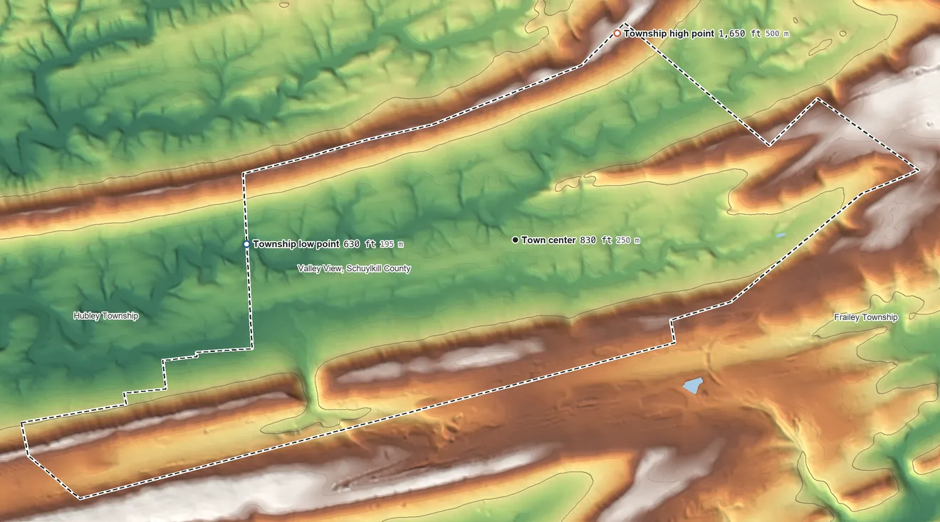 Topographic elevation map of Hegins Township, Pennsylvania, shaded from 630 ft on the west side to 1,650 ft on the northeast side
