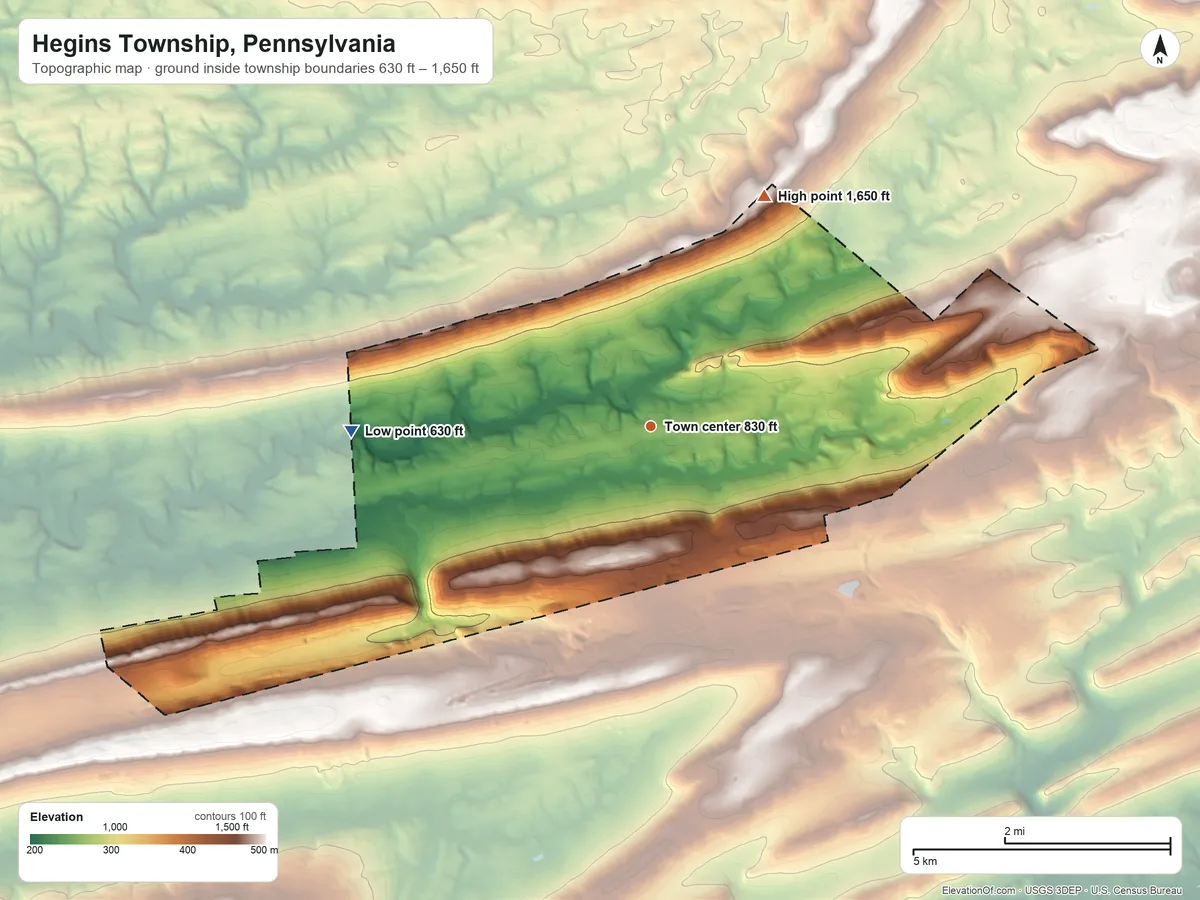Topographic elevation map of Hegins Township, Pennsylvania, shaded from 630 ft on the west side to 1,650 ft on the northeast side