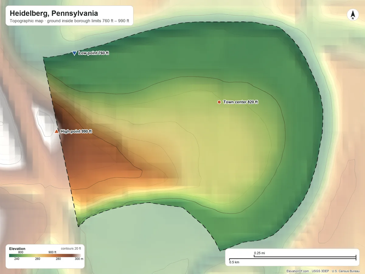 Topographic elevation map of Heidelberg, Pennsylvania, shaded from 760 ft on the west side to 990 ft on the west side