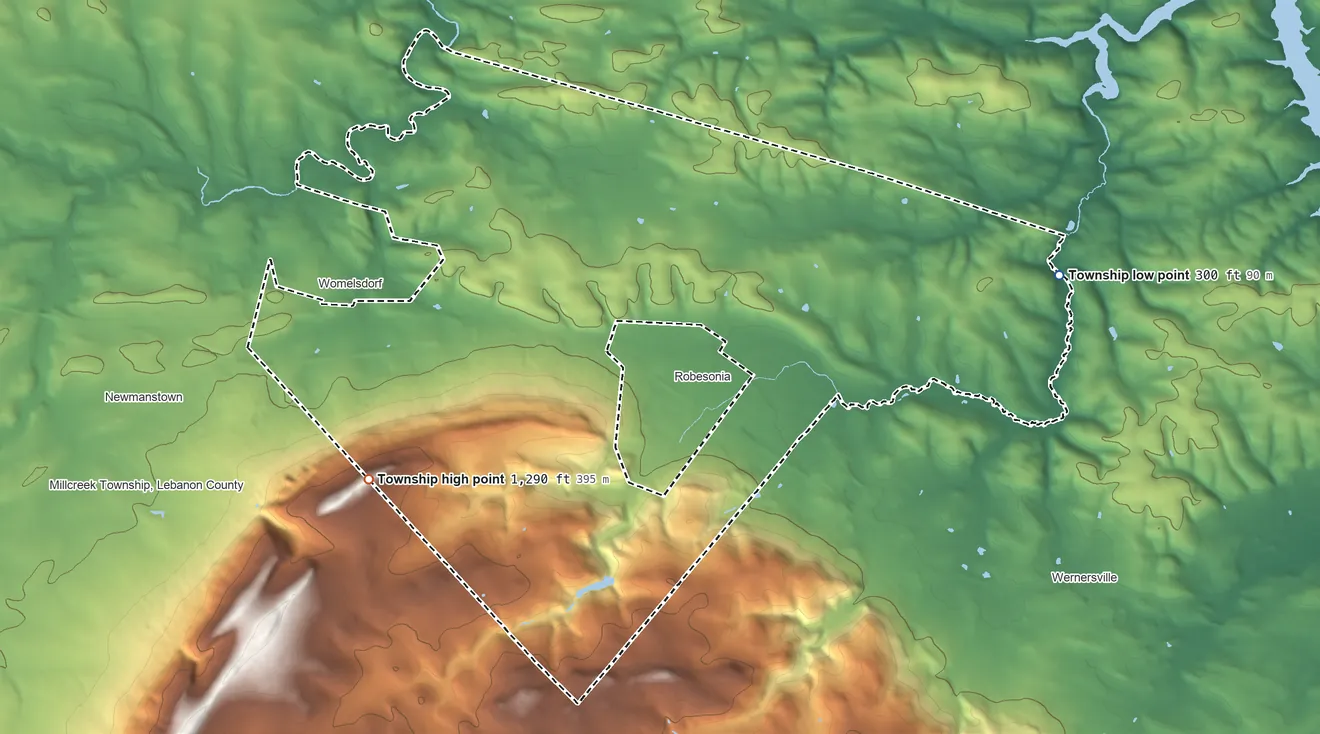 Topographic elevation map of Heidelberg Township, Berks County, Pennsylvania, shaded from 300 ft on the east side to 1,290 ft on the southwest side