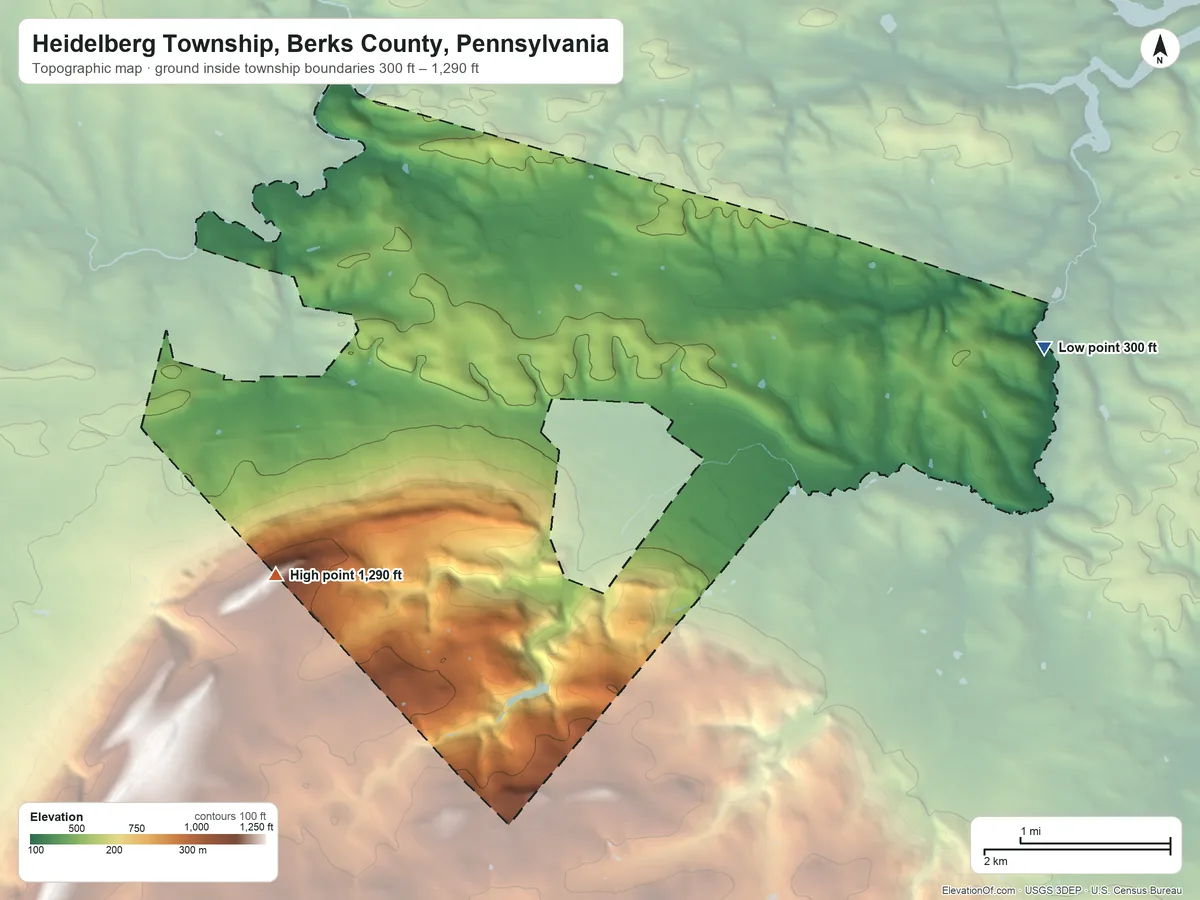 Topographic elevation map of Heidelberg Township, Berks County, Pennsylvania, shaded from 300 ft on the east side to 1,290 ft on the southwest side