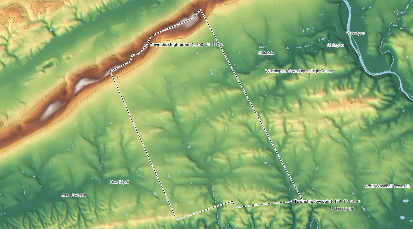 Topographic elevation map of Heidelberg Township, Lehigh County, Pennsylvania, shaded from 470 ft on the southeast side to 1,590 ft on Bake Oven Knob