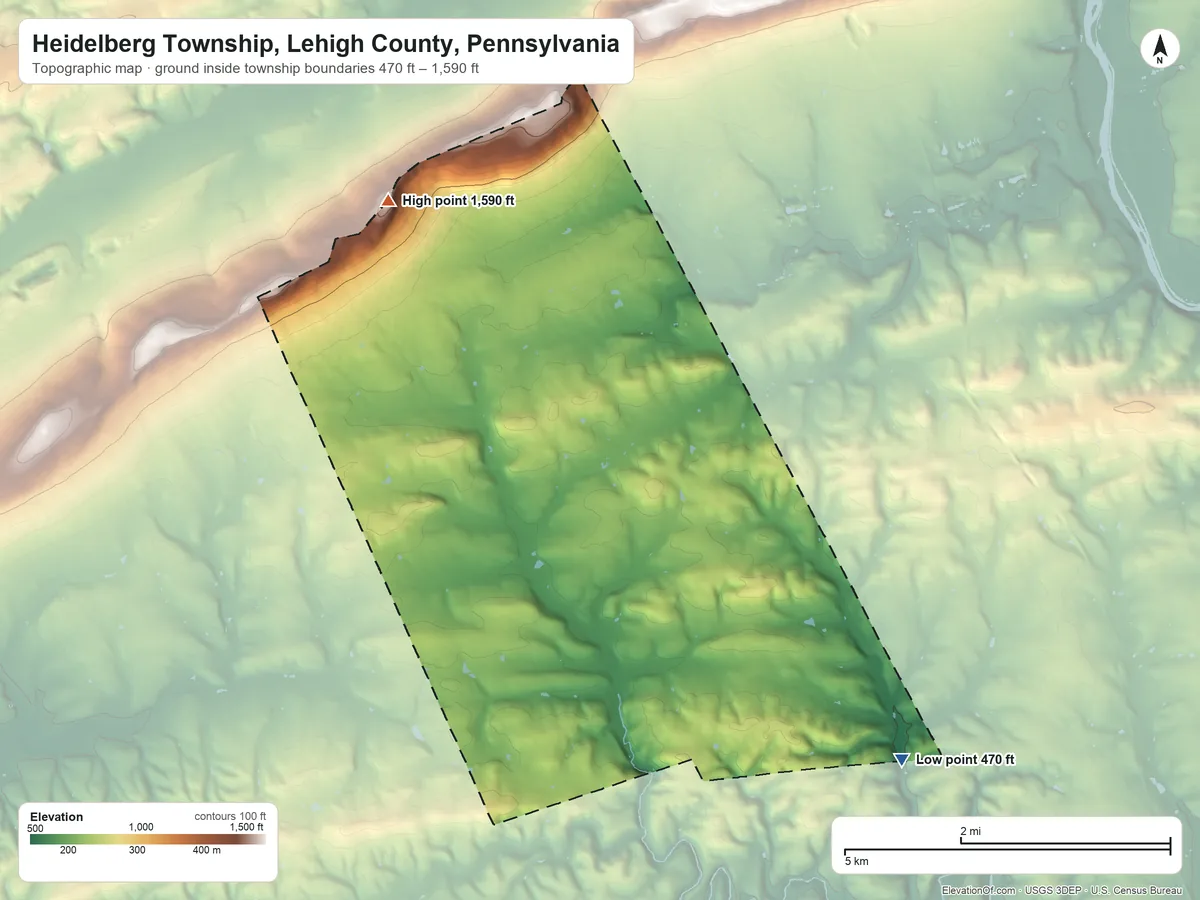 Topographic elevation map of Heidelberg Township, Lehigh County, Pennsylvania, shaded from 470 ft on the southeast side to 1,590 ft on Bake Oven Knob