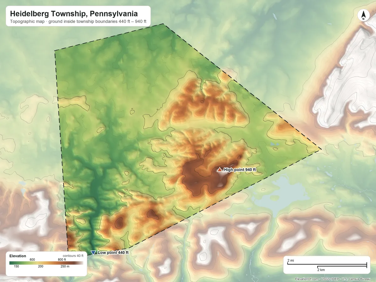 Topographic elevation map of Heidelberg Township, Pennsylvania, shaded from 440 ft on the southwest side to 940 ft on the southeast side