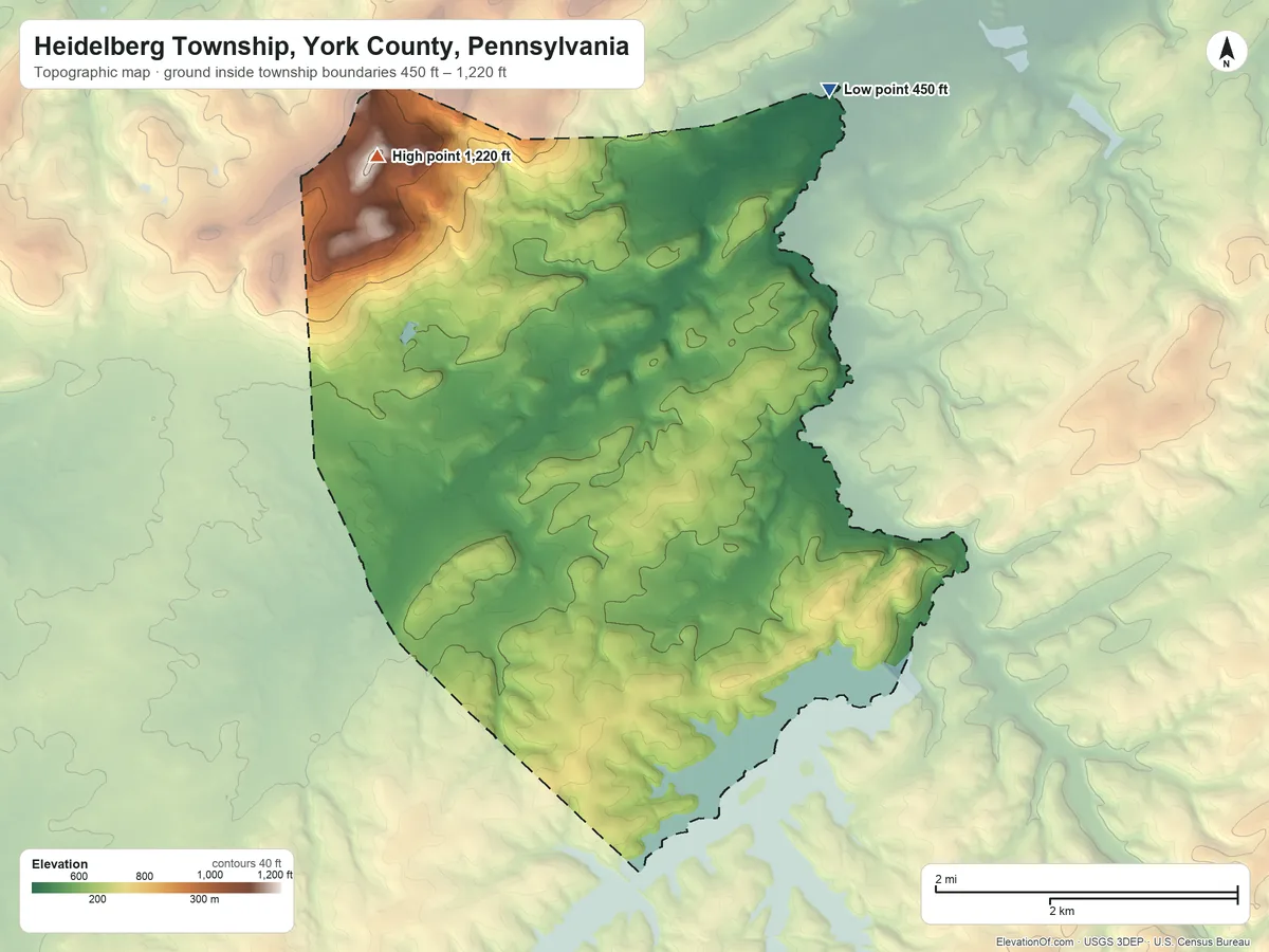 Topographic elevation map of Heidelberg Township, York County, Pennsylvania, shaded from 450 ft on the northeast side to 1,220 ft on the northwest side