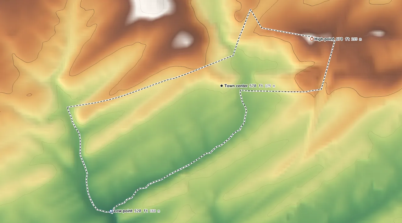 Topographic elevation map of Heidlersburg, Pennsylvania, shaded from 520 ft on the southwest side to 670 ft on the northeast side