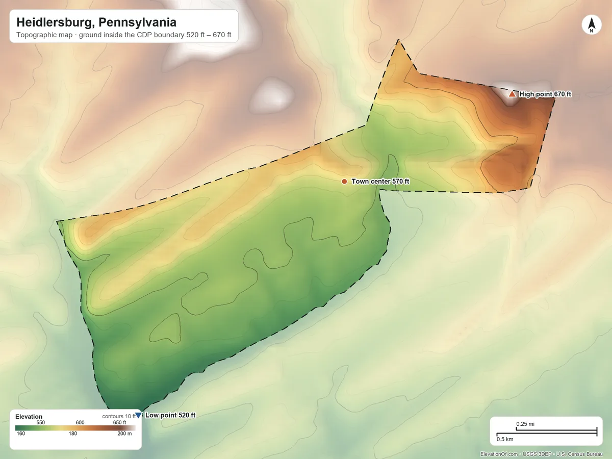 Topographic elevation map of Heidlersburg, Pennsylvania, shaded from 520 ft on the southwest side to 670 ft on the northeast side