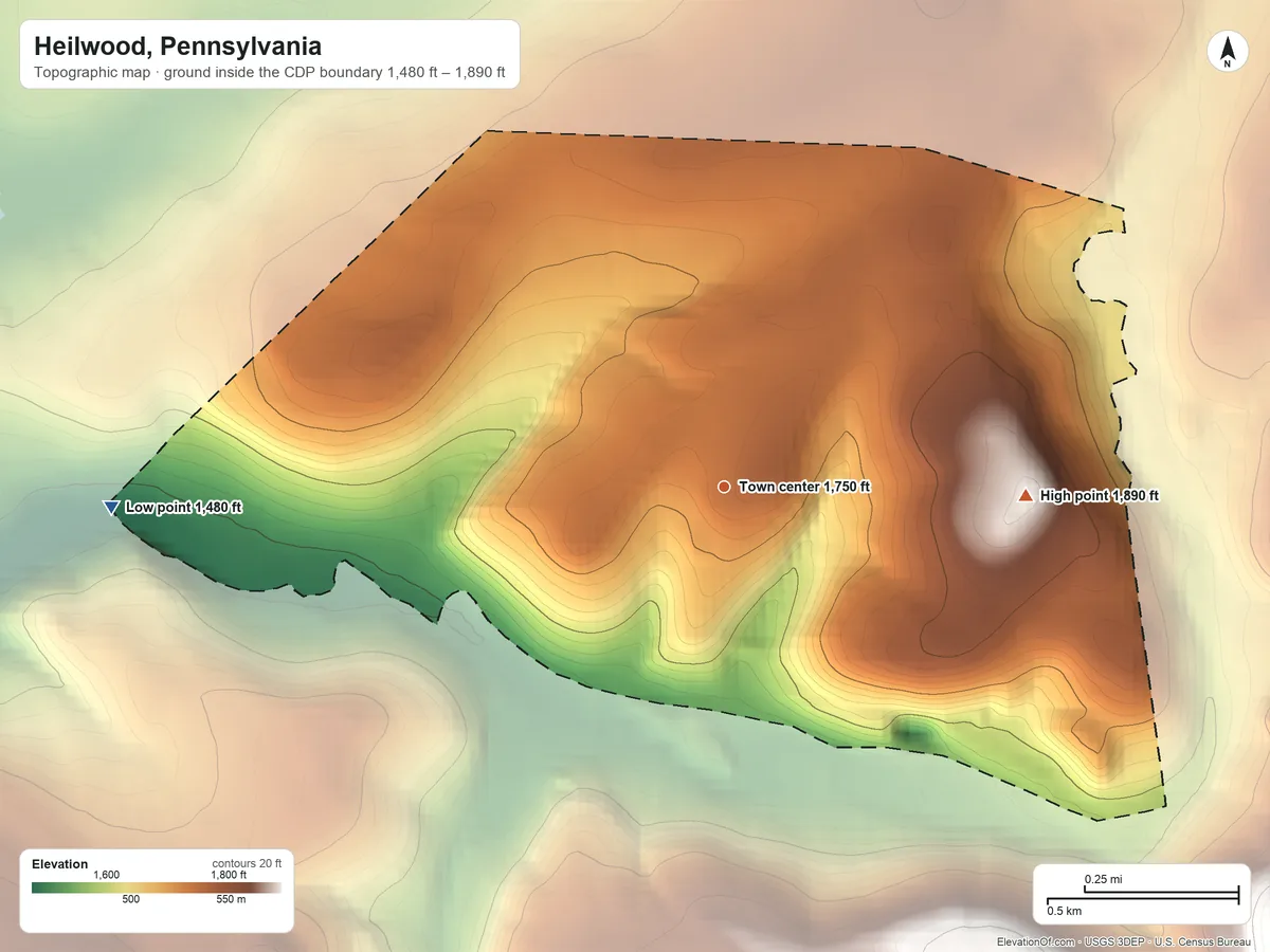 Topographic elevation map of Heilwood, Pennsylvania, shaded from 1,480 ft on the west side to 1,890 ft on the east side