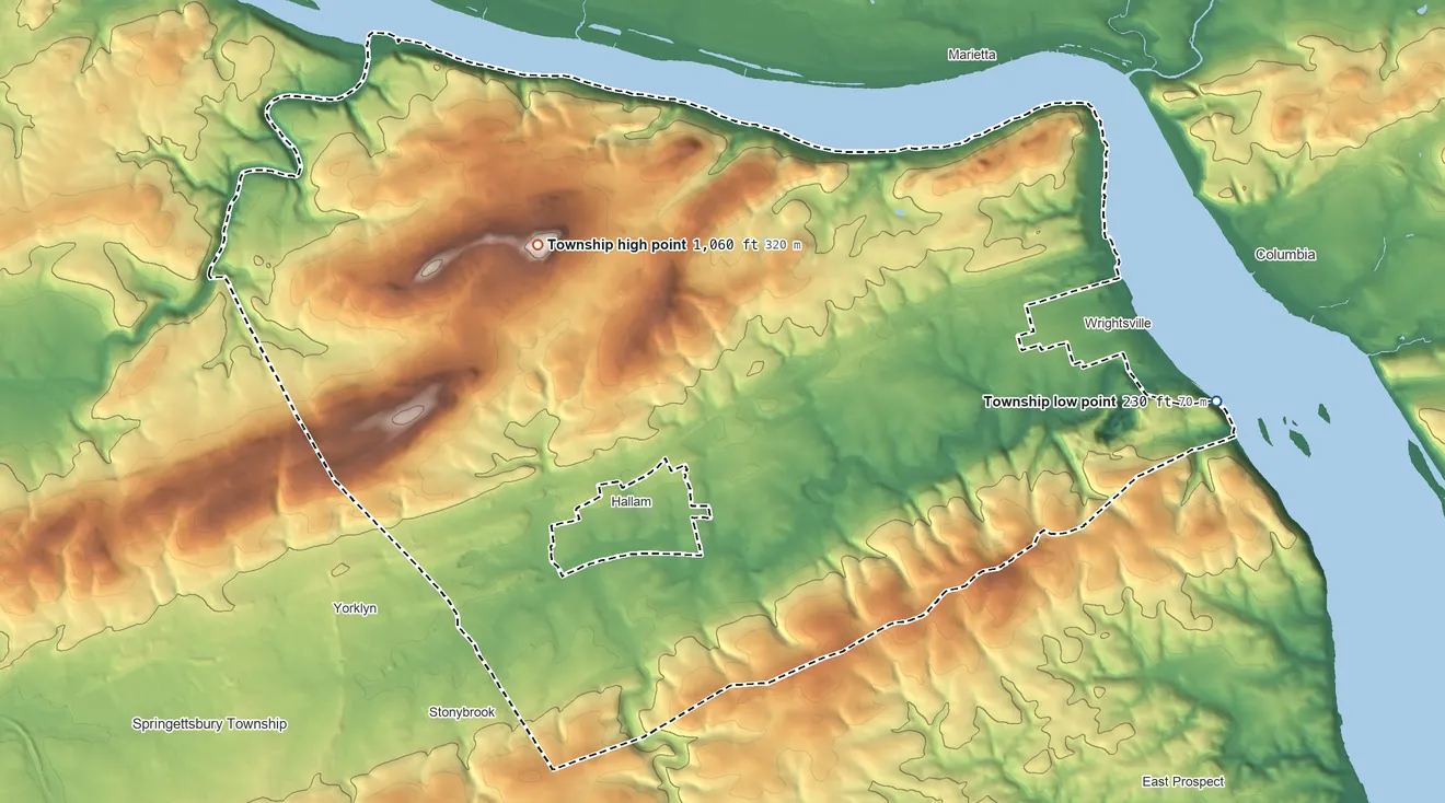 Topographic elevation map of Hellam Township, Pennsylvania, shaded from 230 ft on the east side to 1,060 ft on the northwest side