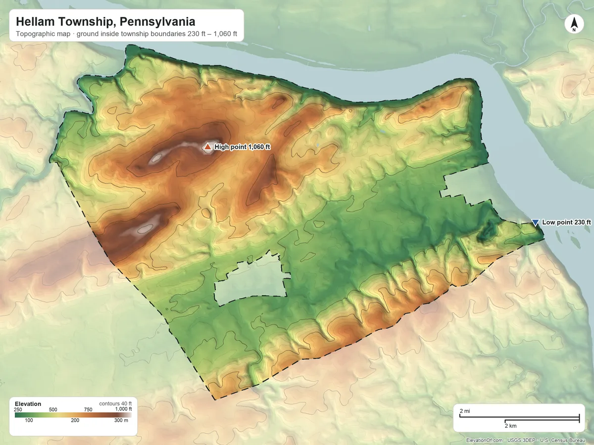 Topographic elevation map of Hellam Township, Pennsylvania, shaded from 230 ft on the east side to 1,060 ft on the northwest side