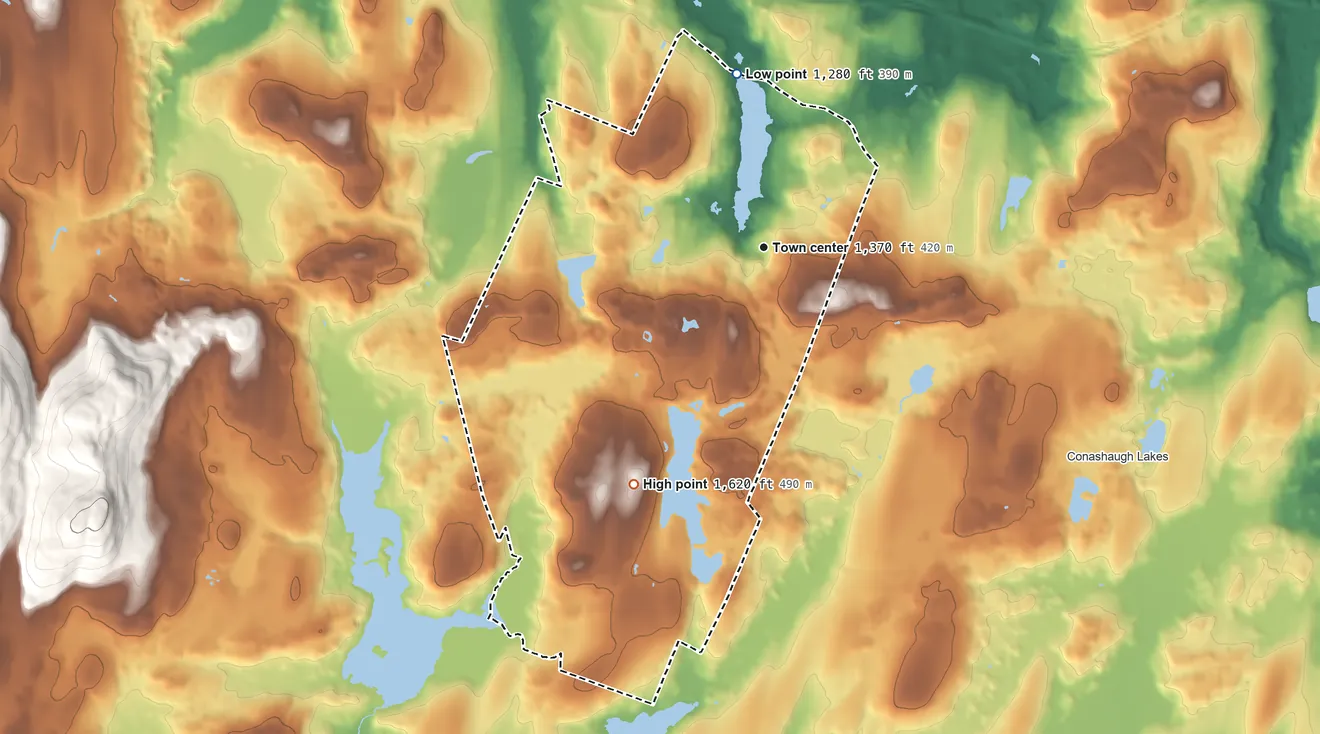 Topographic elevation map of Hemlock Farms, Pennsylvania, shaded from 1,280 ft on the north side to 1,620 ft on the southwest side