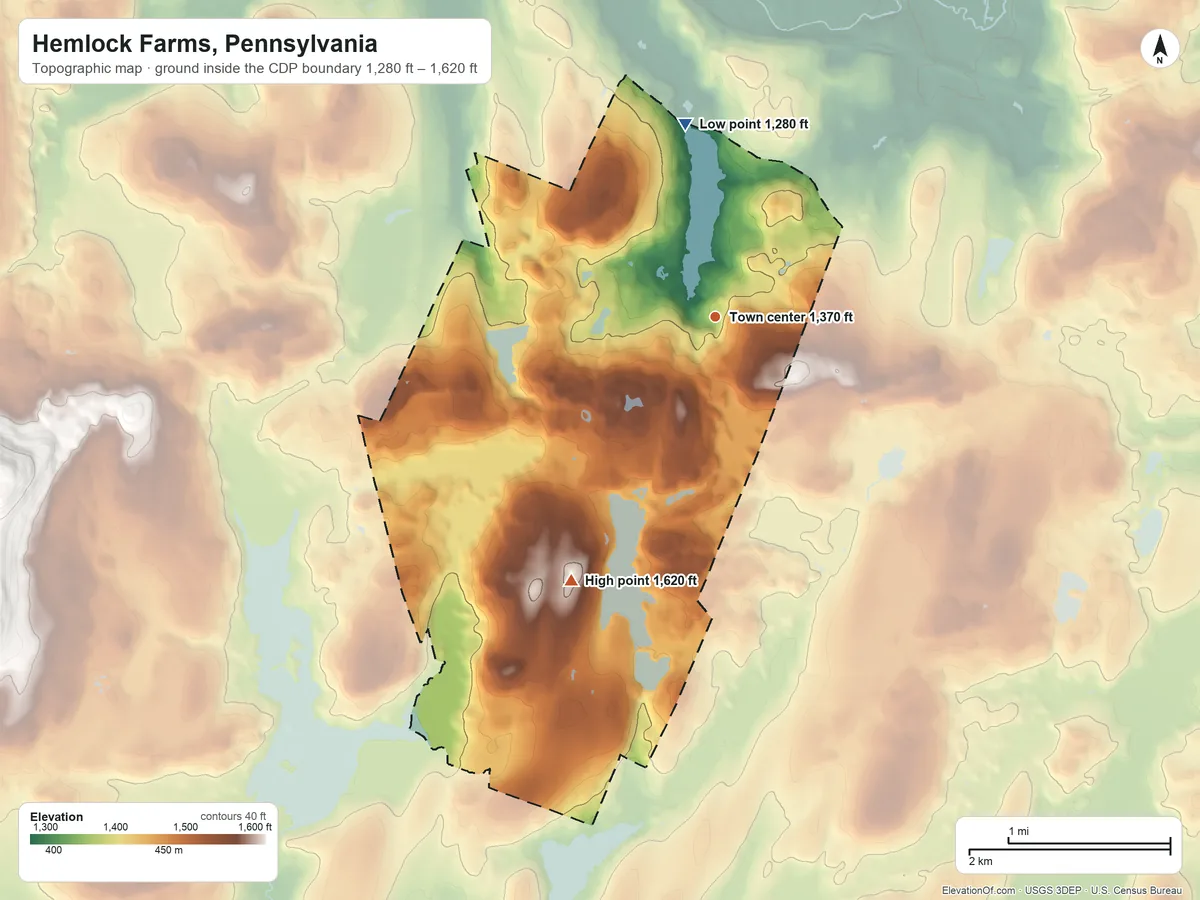 Topographic elevation map of Hemlock Farms, Pennsylvania, shaded from 1,280 ft on the north side to 1,620 ft on the southwest side