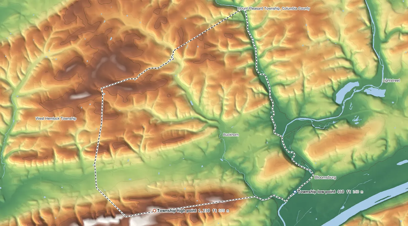 Topographic elevation map of Hemlock Township, Pennsylvania, shaded from 460 ft on the southeast side to 1,230 ft on the southwest side