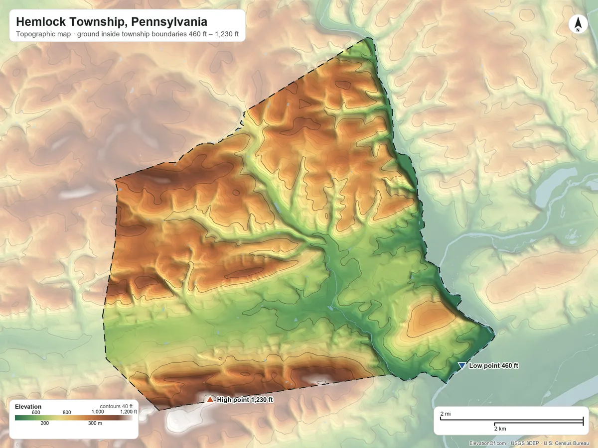 Topographic elevation map of Hemlock Township, Pennsylvania, shaded from 460 ft on the southeast side to 1,230 ft on the southwest side