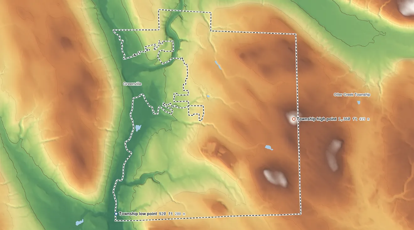 Topographic elevation map of Hempfield Township, Mercer County, Pennsylvania, shaded from 920 ft on the southwest side to 1,360 ft on Wheeler Hill