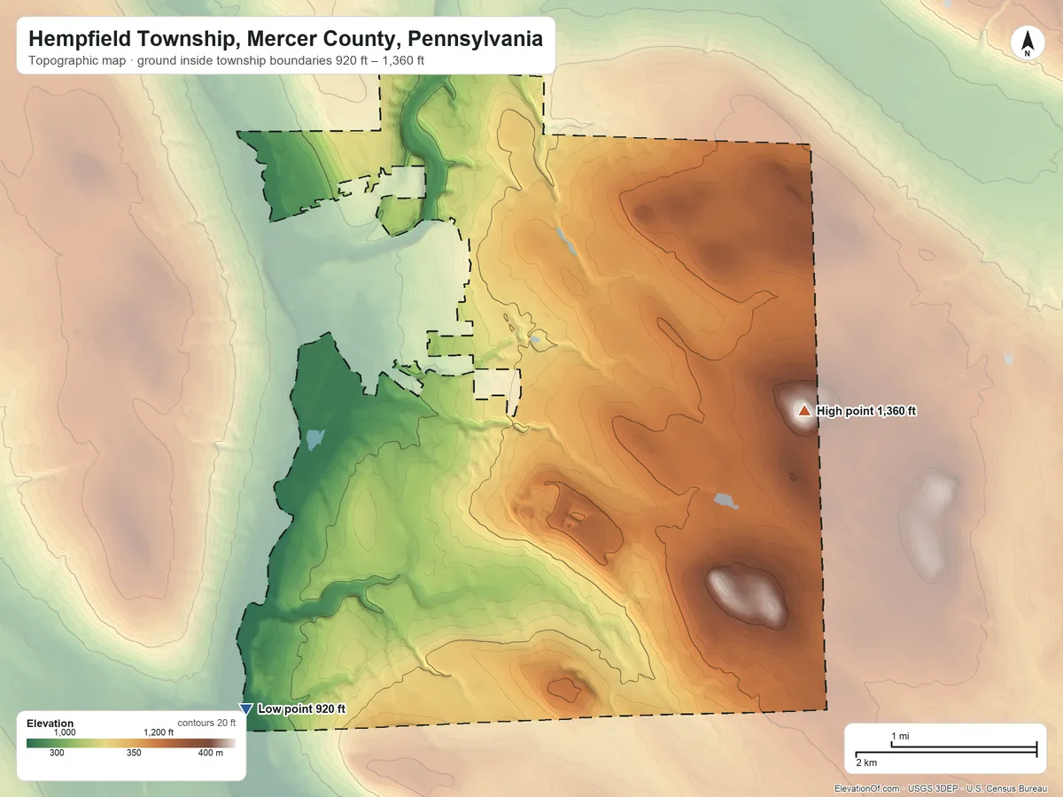 Topographic elevation map of Hempfield Township, Mercer County, Pennsylvania, shaded from 920 ft on the southwest side to 1,360 ft on Wheeler Hill