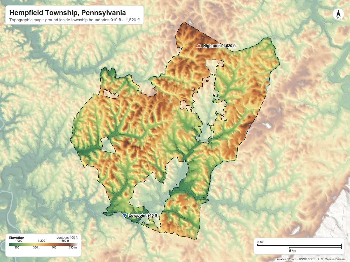 Topographic elevation map of Hempfield Township, Pennsylvania, shaded from 910 ft on the southwest side to 1,520 ft on the north side