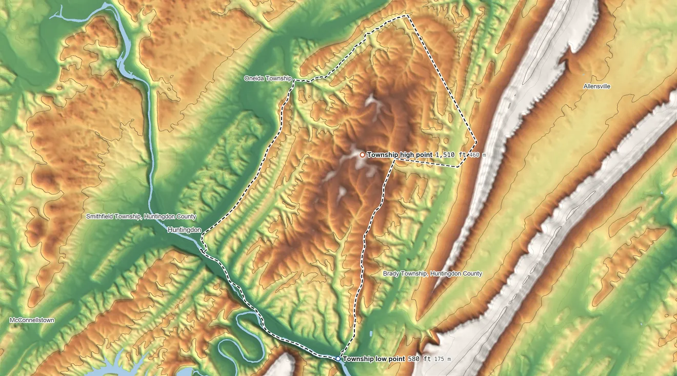 Topographic elevation map of Henderson Township, Huntingdon County, Pennsylvania, shaded from 580 ft on the south side to 1,510 ft on the northeast side