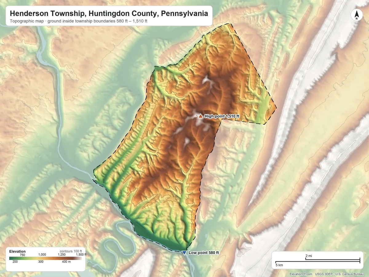 Topographic elevation map of Henderson Township, Huntingdon County, Pennsylvania, shaded from 580 ft on the south side to 1,510 ft on the northeast side