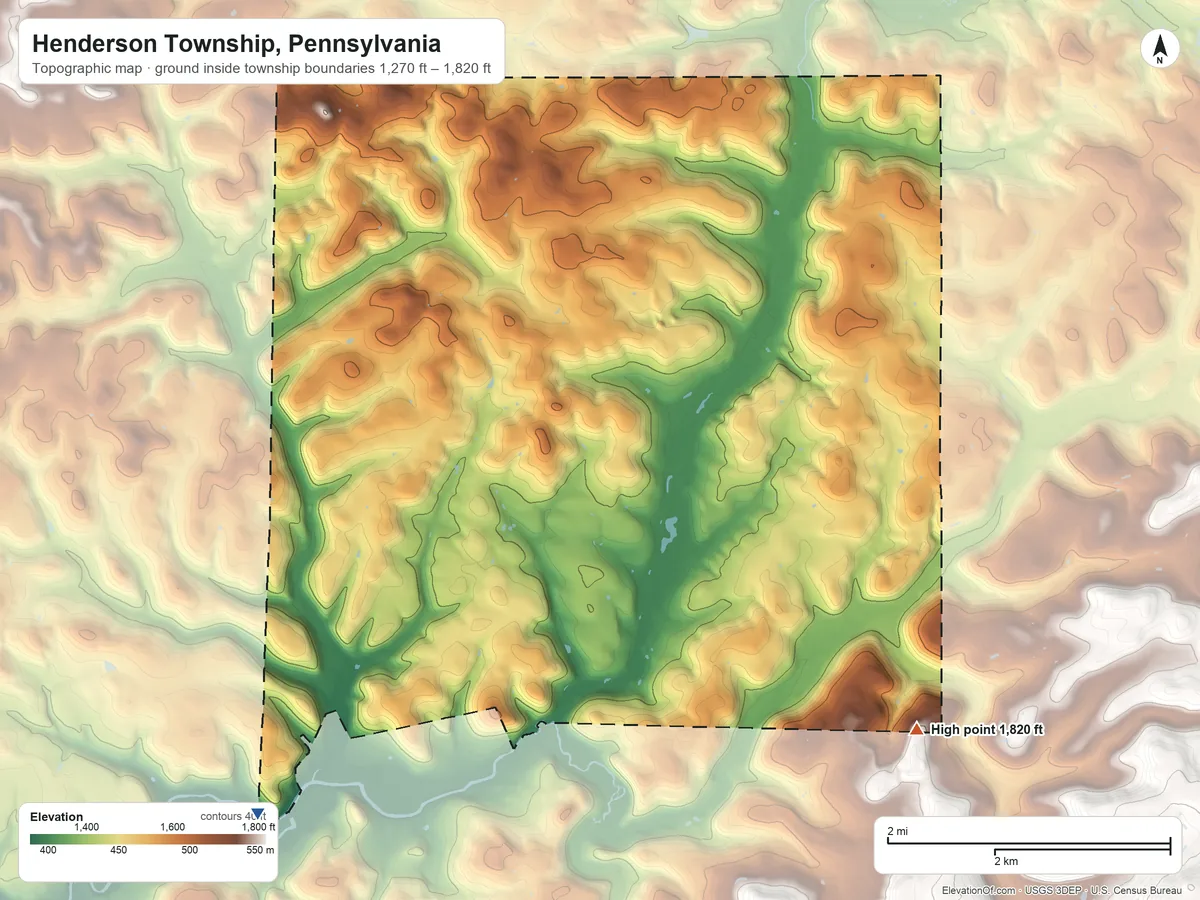 Topographic elevation map of Henderson Township, Pennsylvania, shaded from 1,270 ft on the southwest side to 1,820 ft on the southeast side