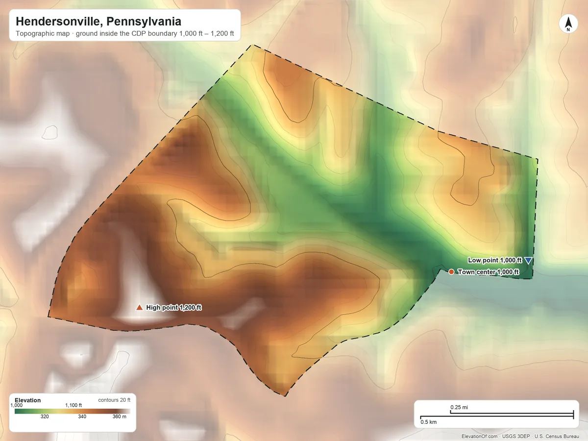 Topographic elevation map of Hendersonville, Pennsylvania, shaded from 1,000 ft on the east side to 1,200 ft on the west side