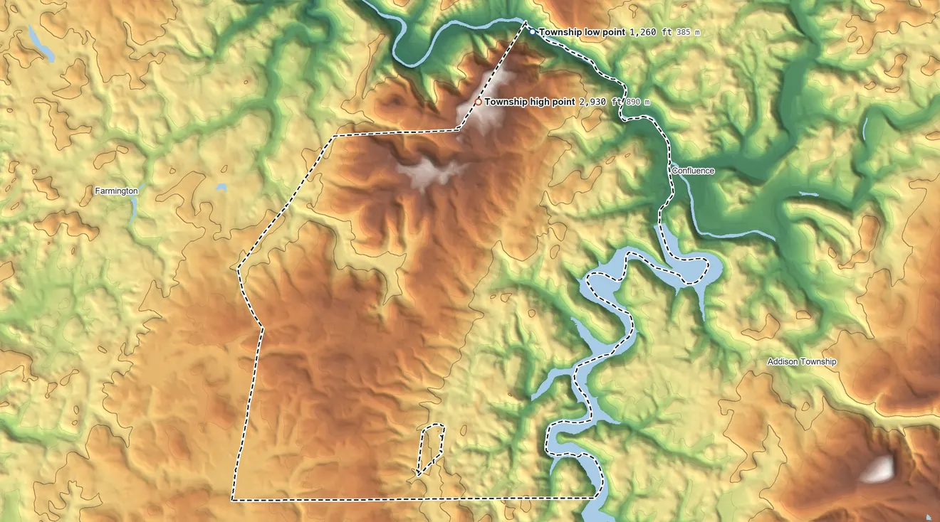 Topographic elevation map of Henry Clay Township, Pennsylvania, shaded from 1,260 ft on the north side to 2,930 ft on the north side